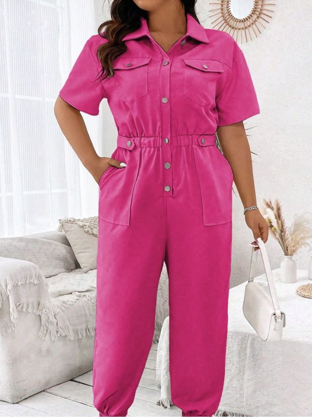 SHEIN Hot Pink Short Sleeve Utility Jumpsuit